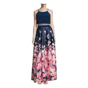 Betsy Adam Prom Dress Evening Grown Blue top, Floral skirt Faux 2 Piece w/ Mesh